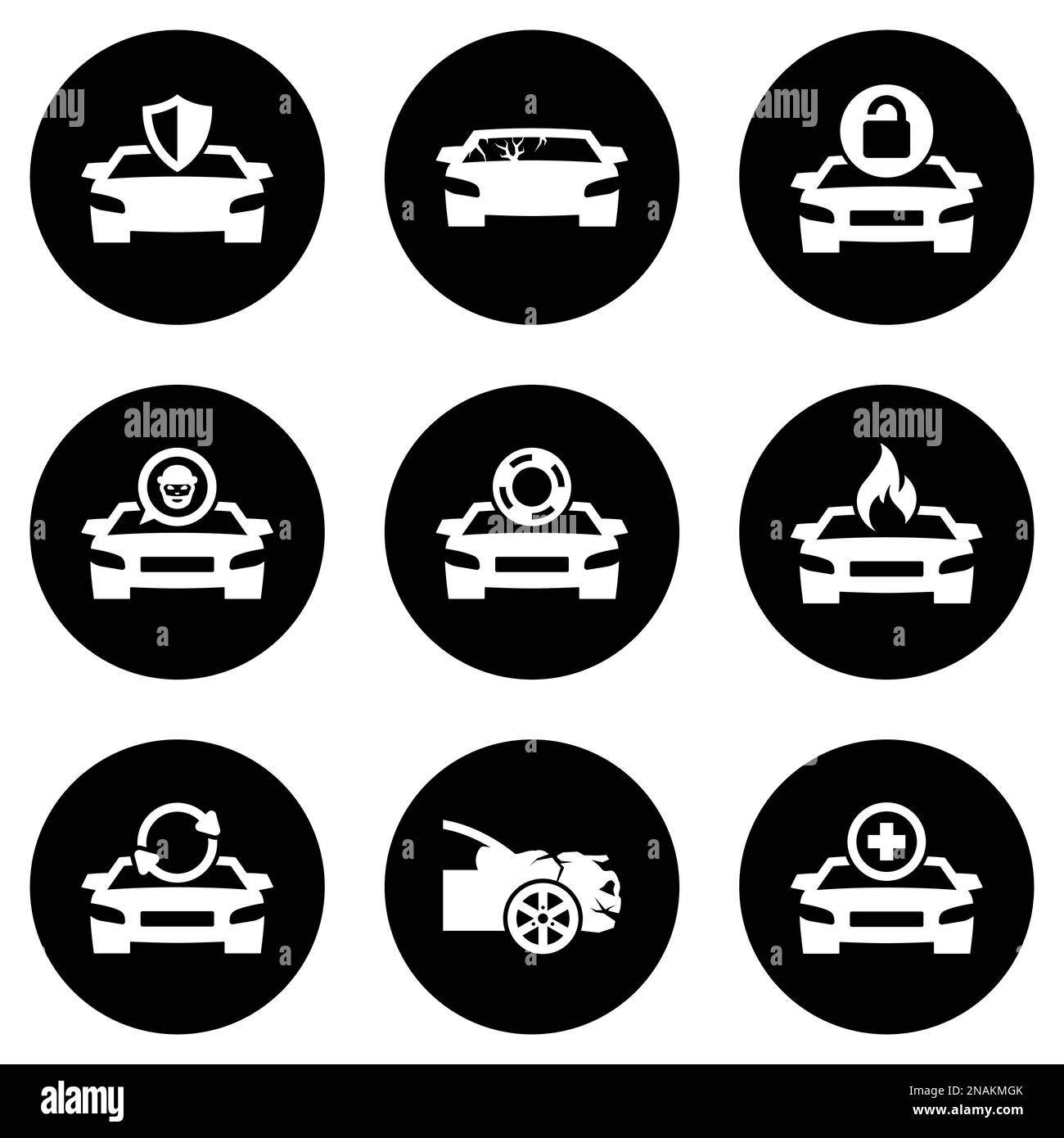 Satz von einfachen Symbolen auf einem Thema Autoversicherung, Vektor, Design, Sammlung, flach, Zeichen, Symbol, Element, Objekt, Illustration, isoliert. Weißer Hintergrund Stock Vektor