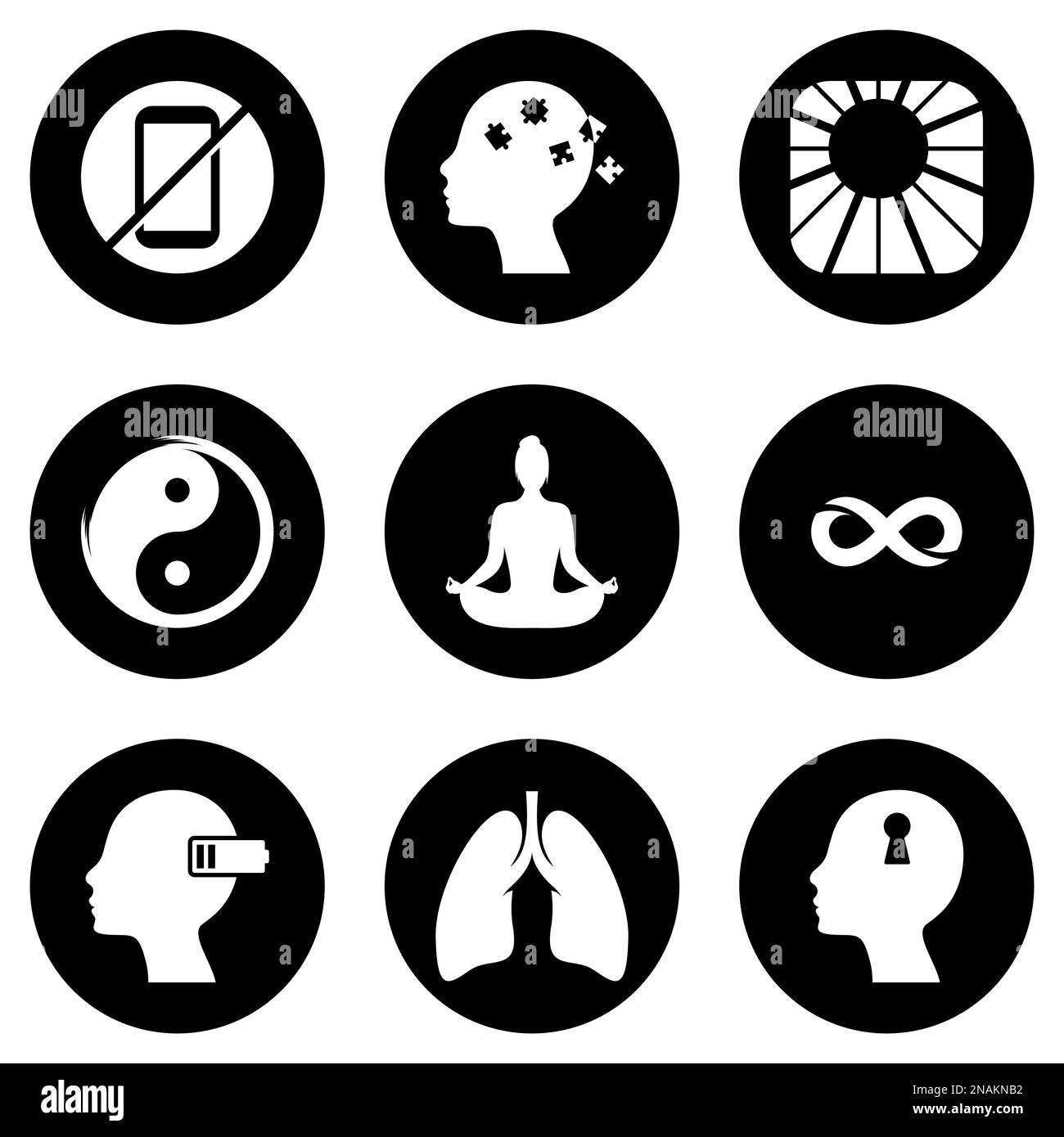 Satz von einfachen Symbolen auf einem Thema Meditation, Vektor, Design, Sammlung, flach, Zeichen, Symbol, Element, Objekt, Illustration, isoliert. Weißer Hintergrund Stock Vektor