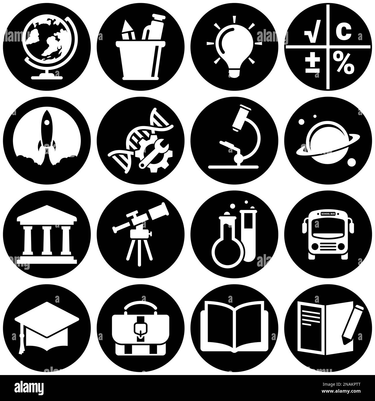 Satz einfacher Symbole für ein Thema Schule, Bildung, Vektor, Design, Sammlung, Flat, Zeichen, Symbol, Element, Objekt, Illustration. Weißer Hintergrund Stock Vektor