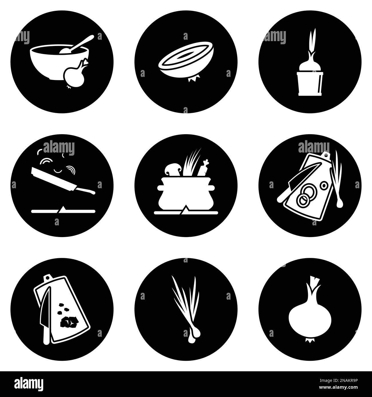 Satz von einfachen Symbolen auf einem Thema Zwiebel, Kochen, Vektor, Design, Sammlung, flach, Zeichen, Symbol, Element, Objekt, Illustration, isoliert. Weißer Hintergrund Stock Vektor