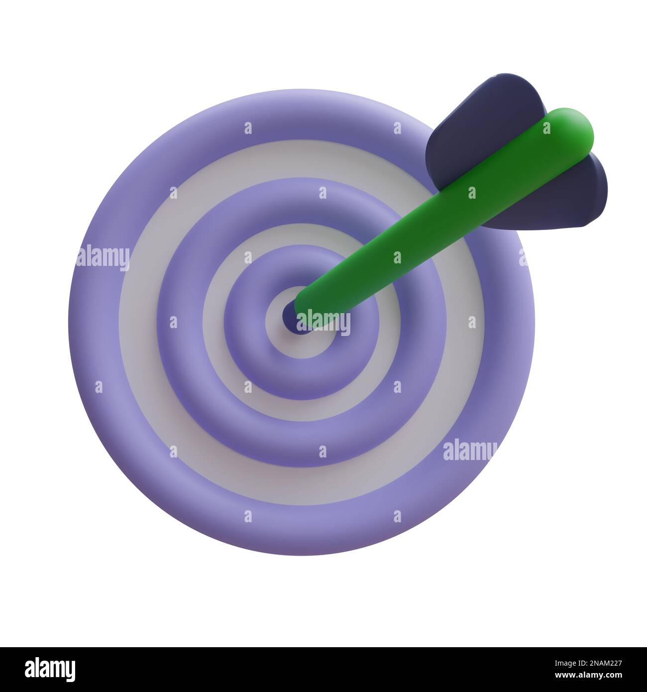 Pfeil auf einem Ziel, minimales Zeichentricksymbol. Ziel mit Bullseye isoliert auf weißem Hintergrund, 3D-Rendering Stockfoto