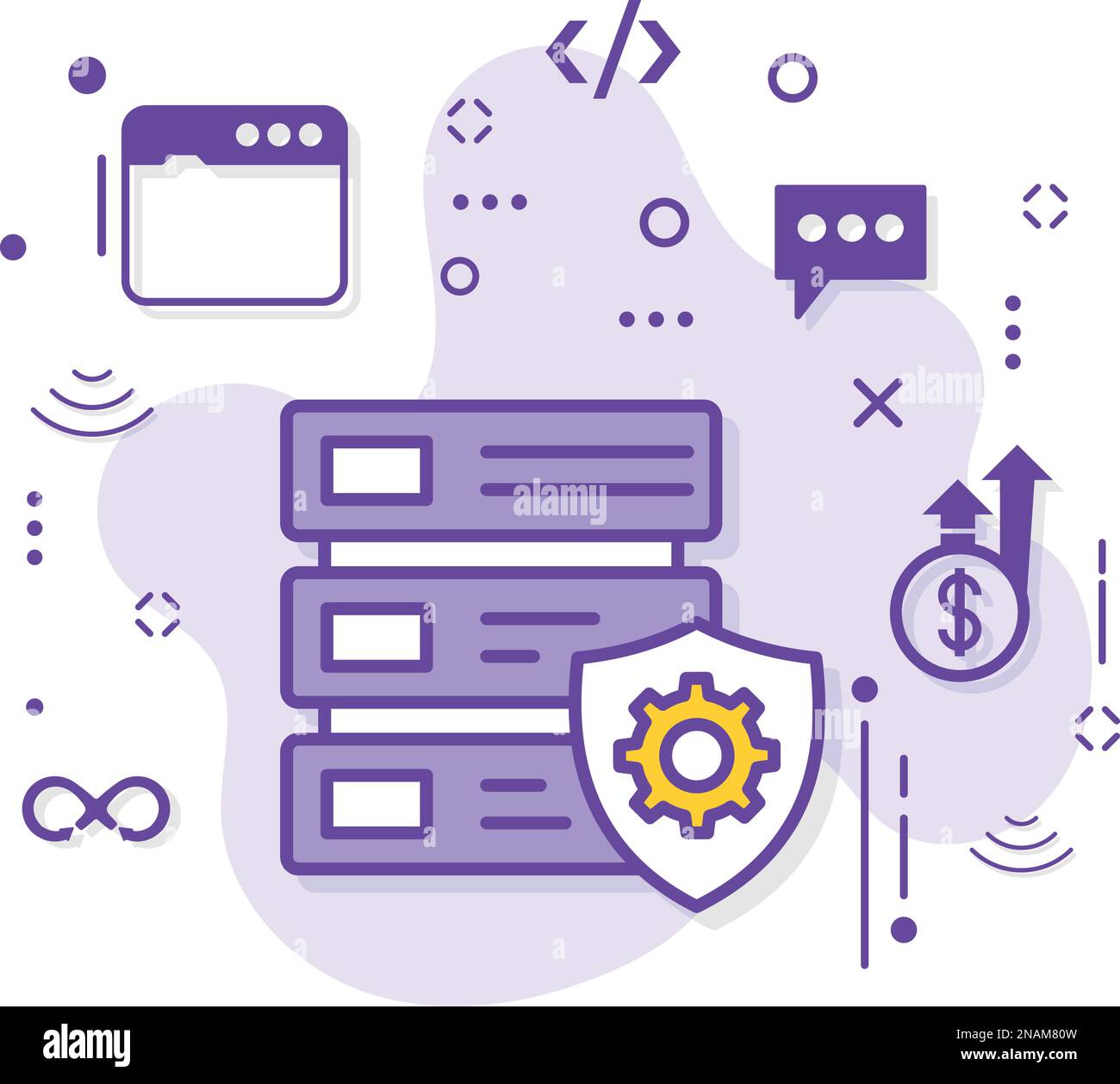 Abbildung zum Bestand von Rack-Maschinen, Managed Cloud Server-Konzept, wartungsfreie Maschine mit Schutz, Vektor-Icon-Design, Rack Cloud Insurance-Zeichen Stock Vektor