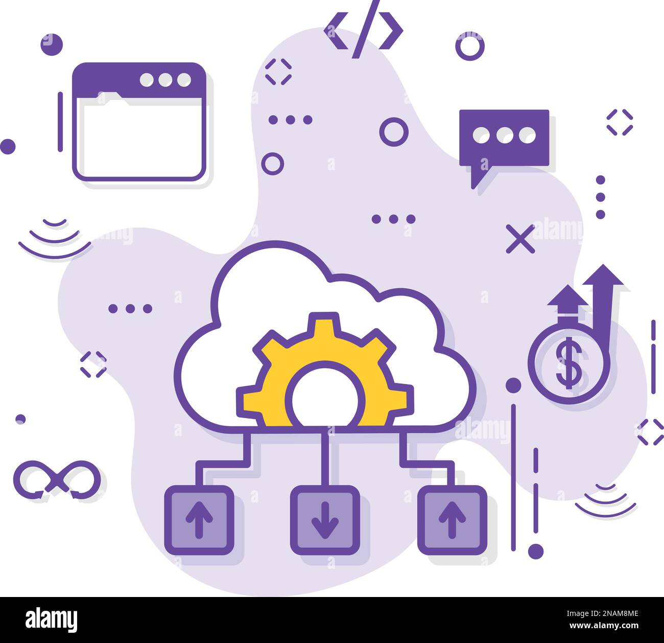 Gerätekonfiguration und Übertragung Vektorsymbol-Design, Cloud-Computing und Web-Hosting-Dienste Symbol, Cloud-Server-Knotenkonzept, Cloud-Server Stock Vektor
