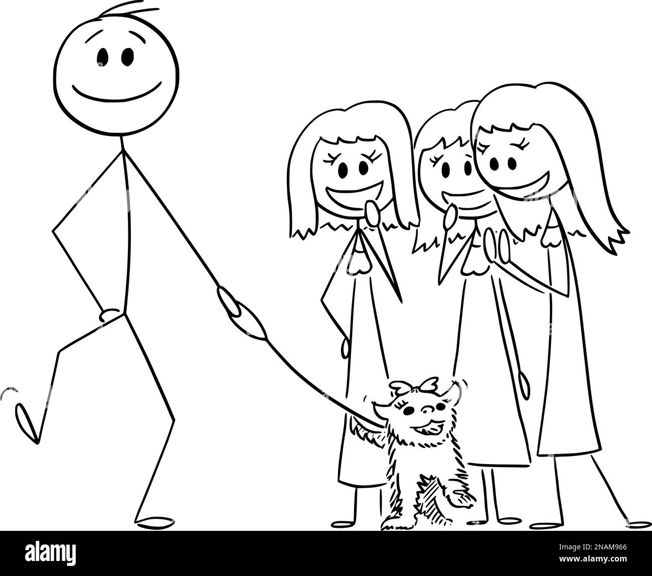 Mann, der mit dem Hund die Liebe findet, oder Frau, Vector Cartoon, Stäbchen-Abbildung Stock Vektor