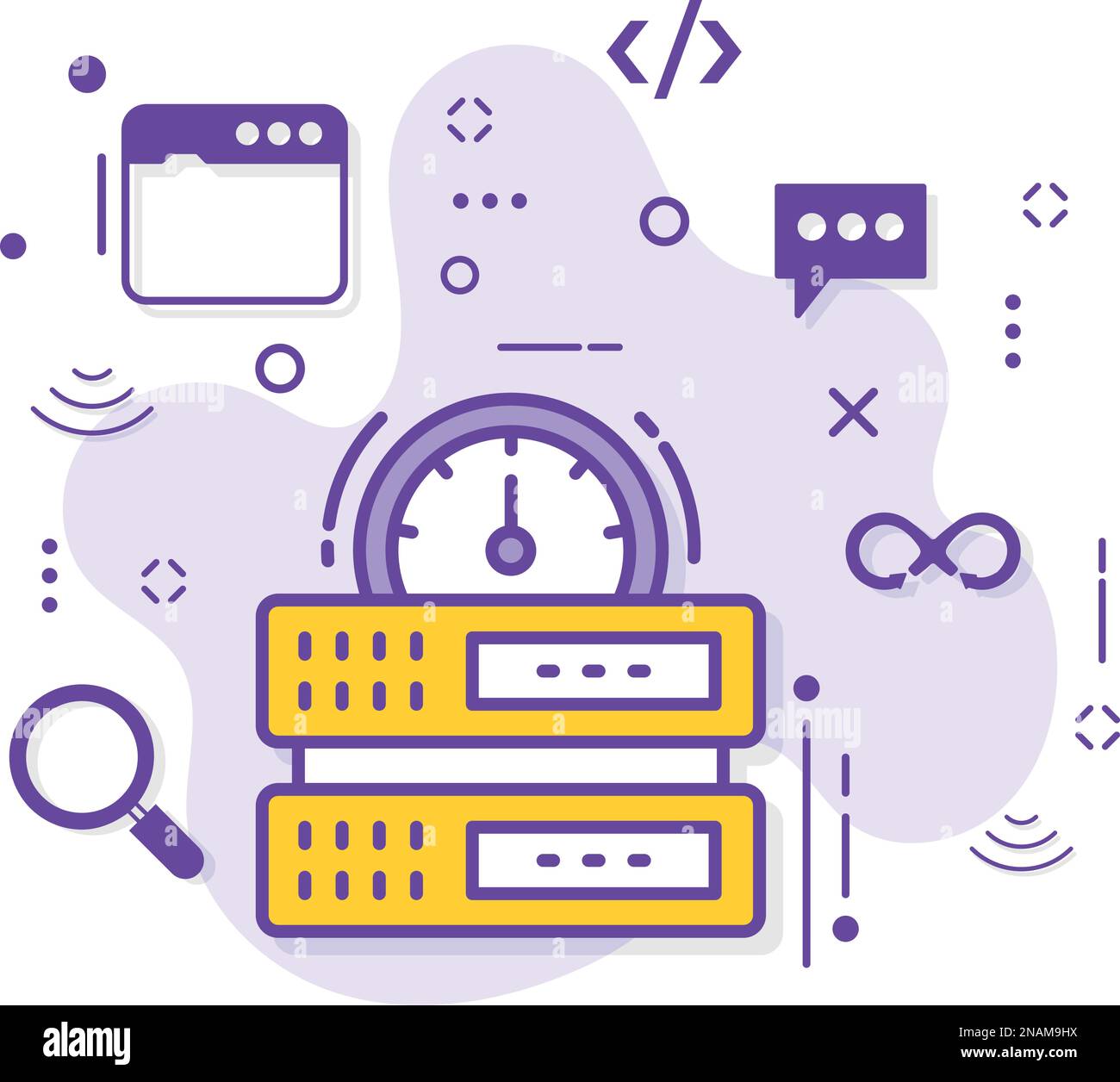 Illustration der optimierten Web-Server-Leistung, Knoten mit Zählerschild, Konzept der Serververfügbarkeit, High-Speed-Machine-Vector-Icon-Design, Burst-Computing Stock Vektor