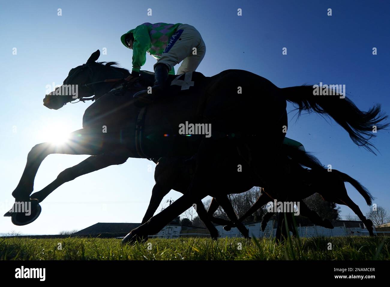 Läufer und Reiter bei der Ellis Wines 201 Year Stakes Handicap Chase auf der Plumpton Racecourse, East Sussex. Foto: Montag, 13. Februar 2023. Stockfoto