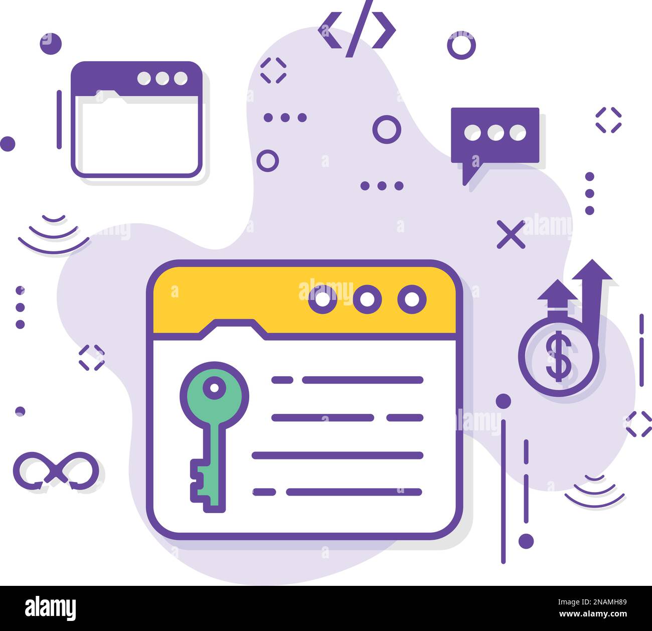 SSL-geschützte Webseite Zeichenmaterial Illustration, Server und Browser Secret verschlüsselt entschlüsseltes Passwort Vektor Symbol Design, Programmierung und Automatisierung Stock Vektor