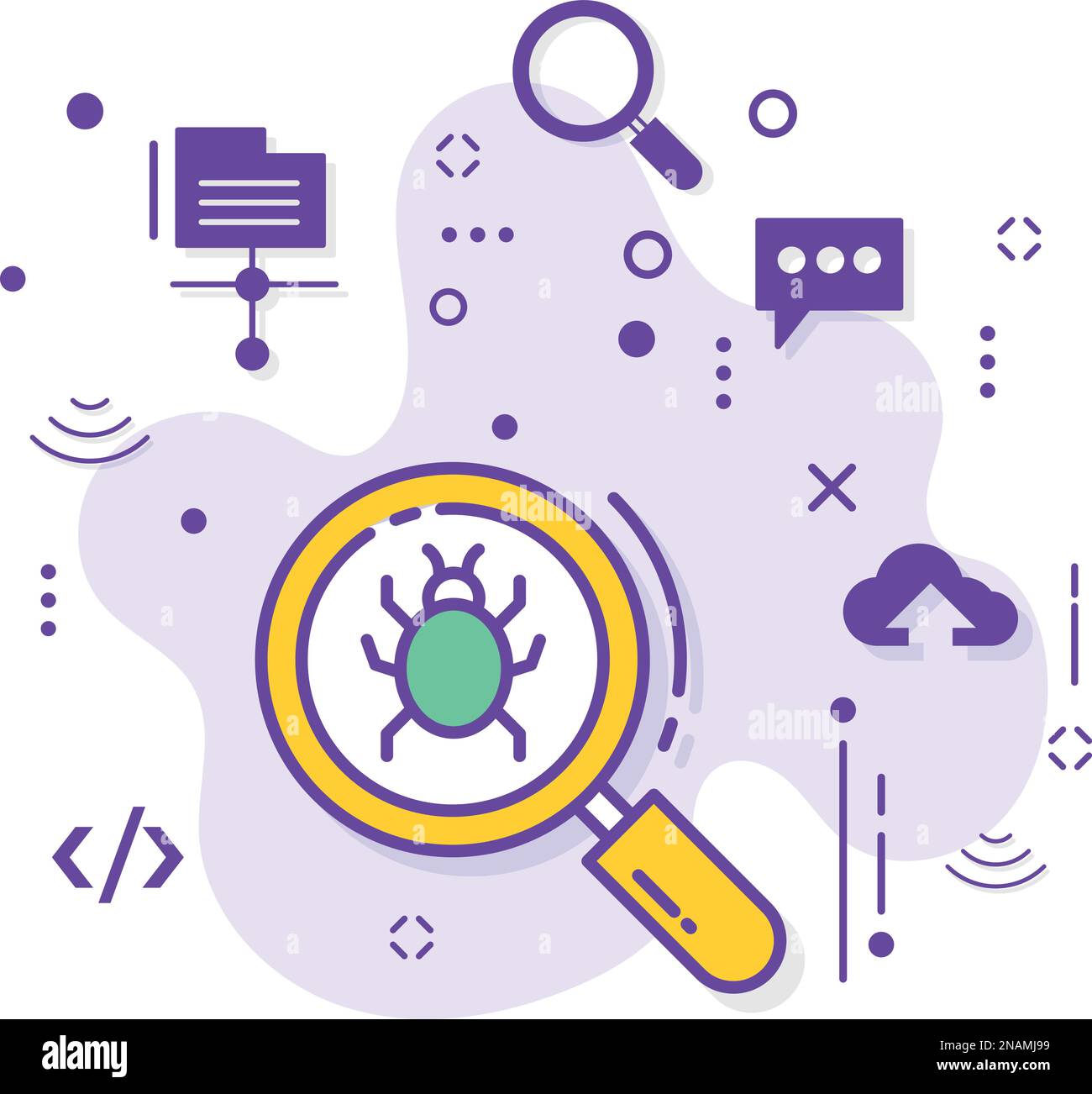 Spyware-Scanning-Schilder, Malware-Virus-Scan-Vektor-Symboldesign, Cloud-Computing- und Internet-Hosting-Dienste-Symbol, Bug Finder-Zeichen Stock Vektor