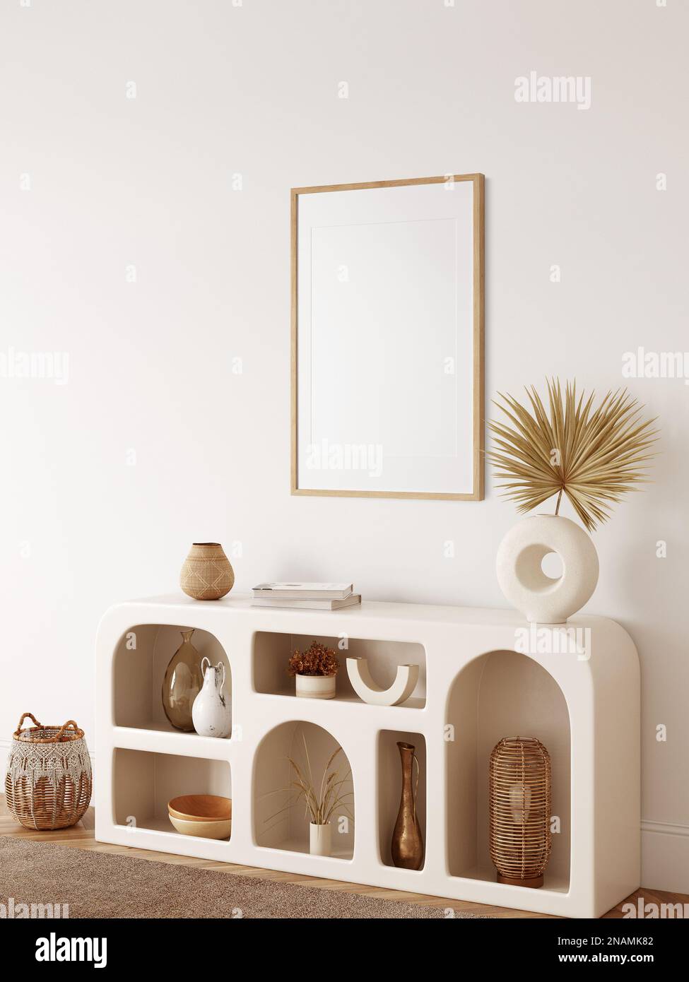 Rahmen- und Postermodell im Boho-Stil. 3D-Rendering, 3D-Illustration. Stockfoto
