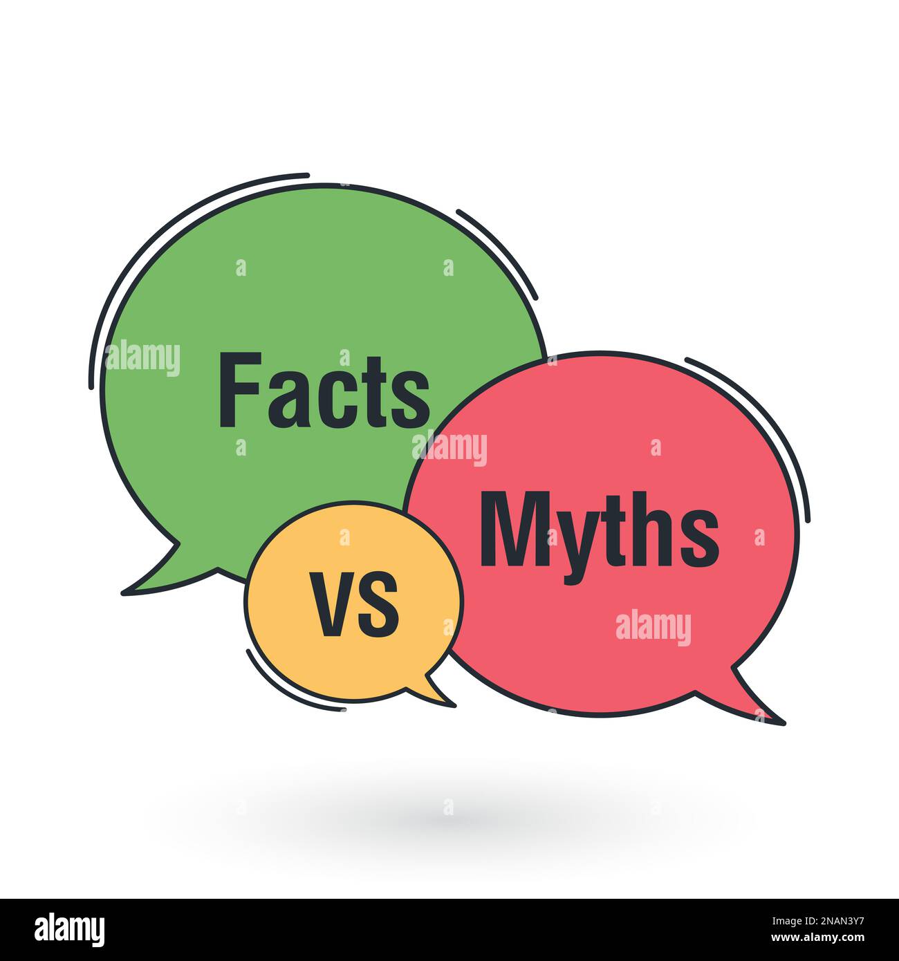 Mythen vs. Fakten. Wahrheit und falsche Abzeichen. Sprechblase mit Mythen vs. Fakten Text. Geschäftskonzept. Flache Vektordarstellung Stock Vektor