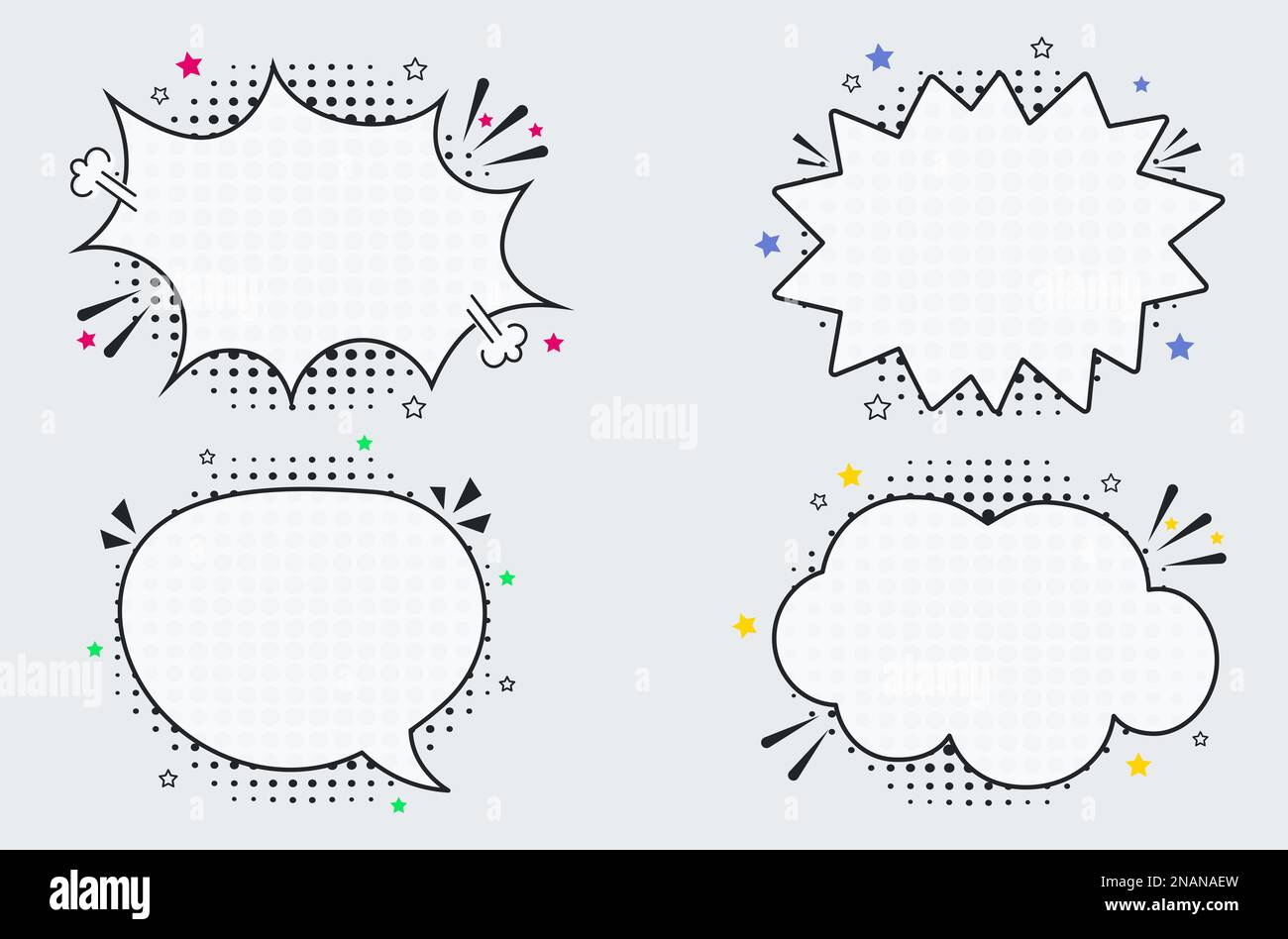 Comic leere Sprechblasen auf Halbtonpunkten im Retro-Pop-Art-Stil. Vektorset dynamischer Cartoon-Skizze für lustige Dialogfelder Stock Vektor Comic leere Sprechblasen auf Halbtonpunkten im Retro-Pop-Art-Stil. Vektorset dynamischer Cartoon-Skizze für lustige Dialogfelder Stock Vektor