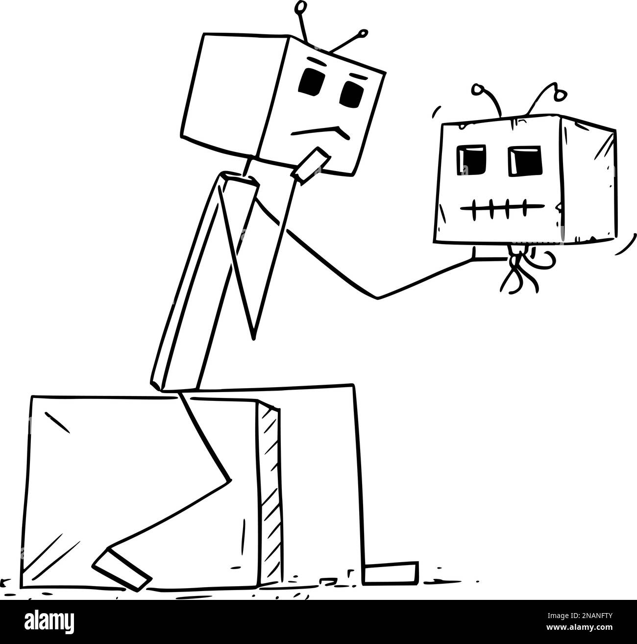 Hamlet oder Roboter, der den Kopf oder Schädel eines Roboters hält und an KI, Robotik und Technologie, Vektor-Cartoon-Strichfigur oder Charakterdarstellung denkt. Stock Vektor