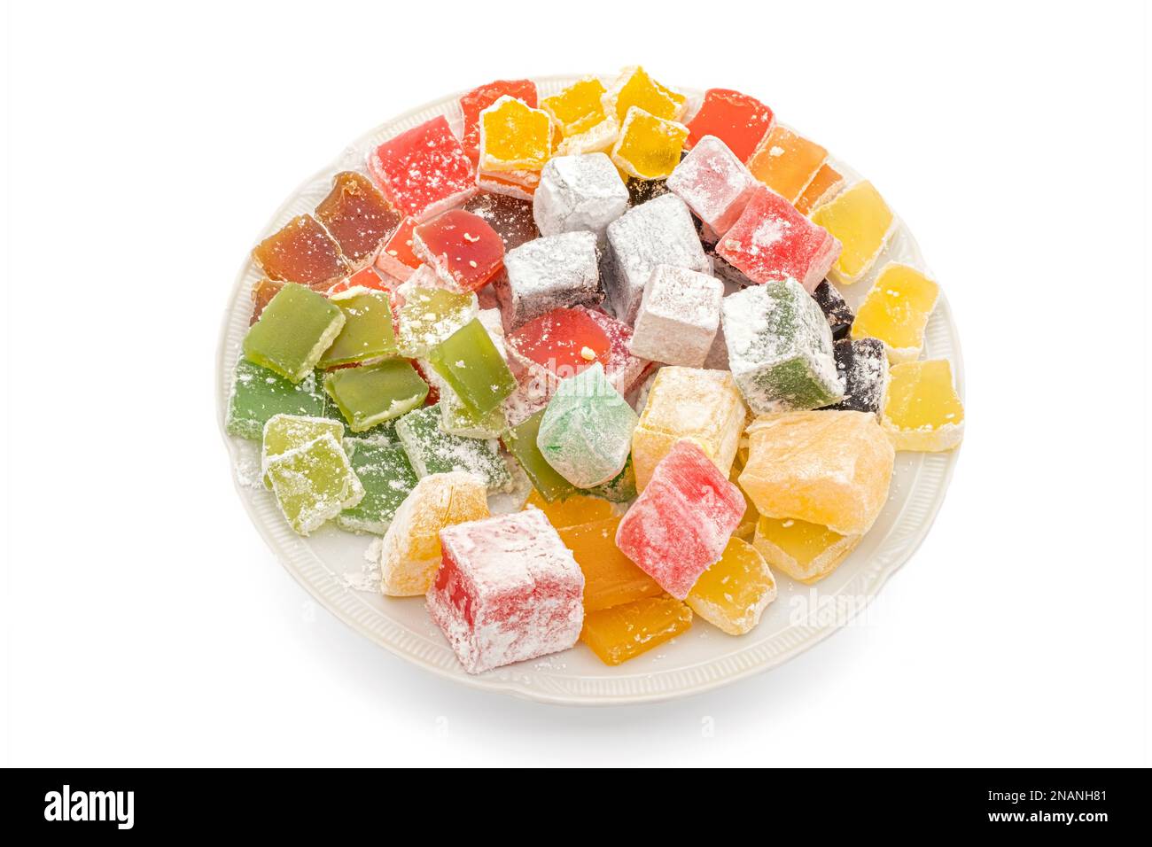 Eine Auswahl köstlicher bunter türkischer Köstlichkeiten auf dem Teller Stockfoto