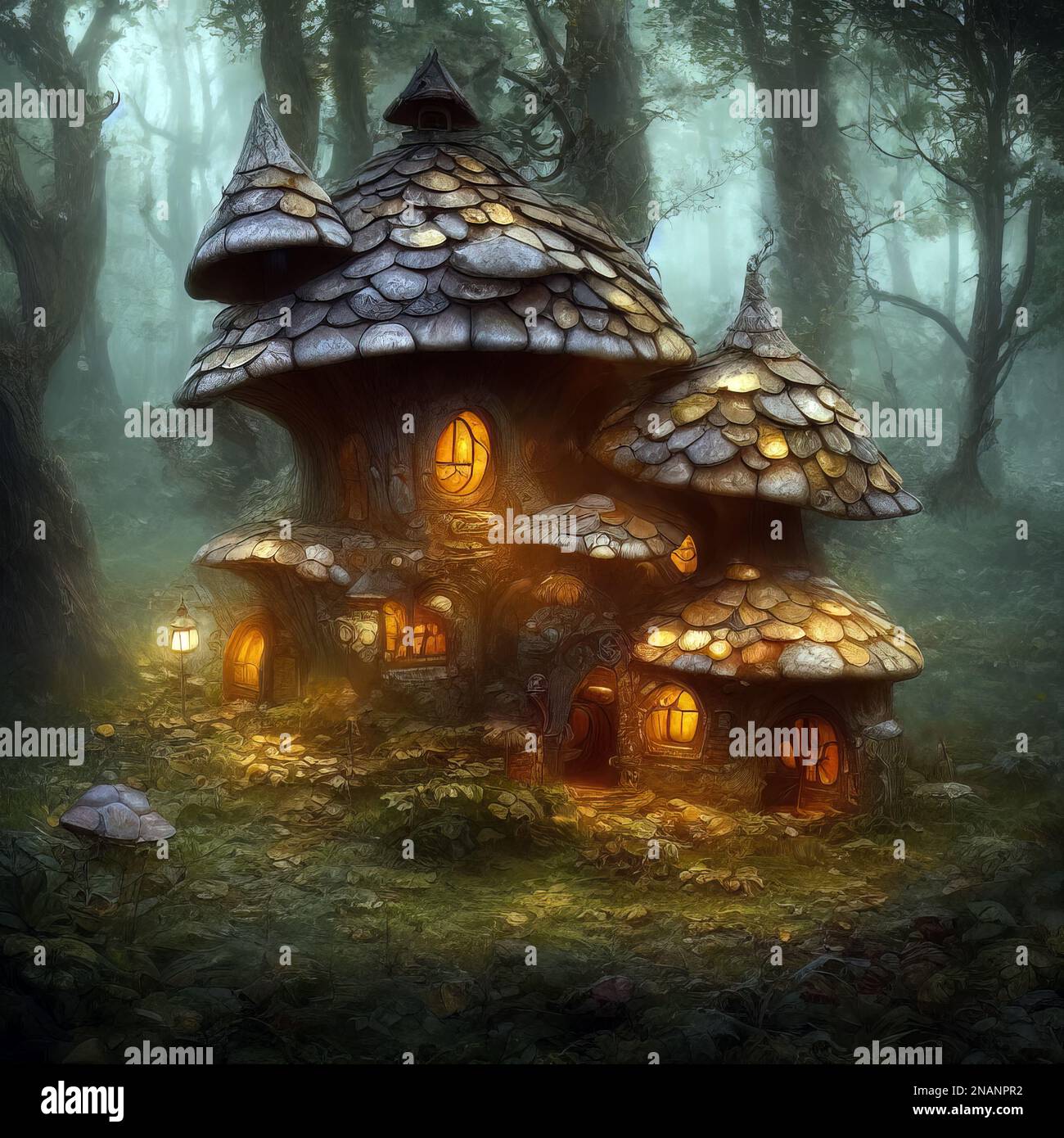 Illustration eines Fantasie-pilzähnlichen Hauses, das in einem magischen Wald wächst Stockfoto