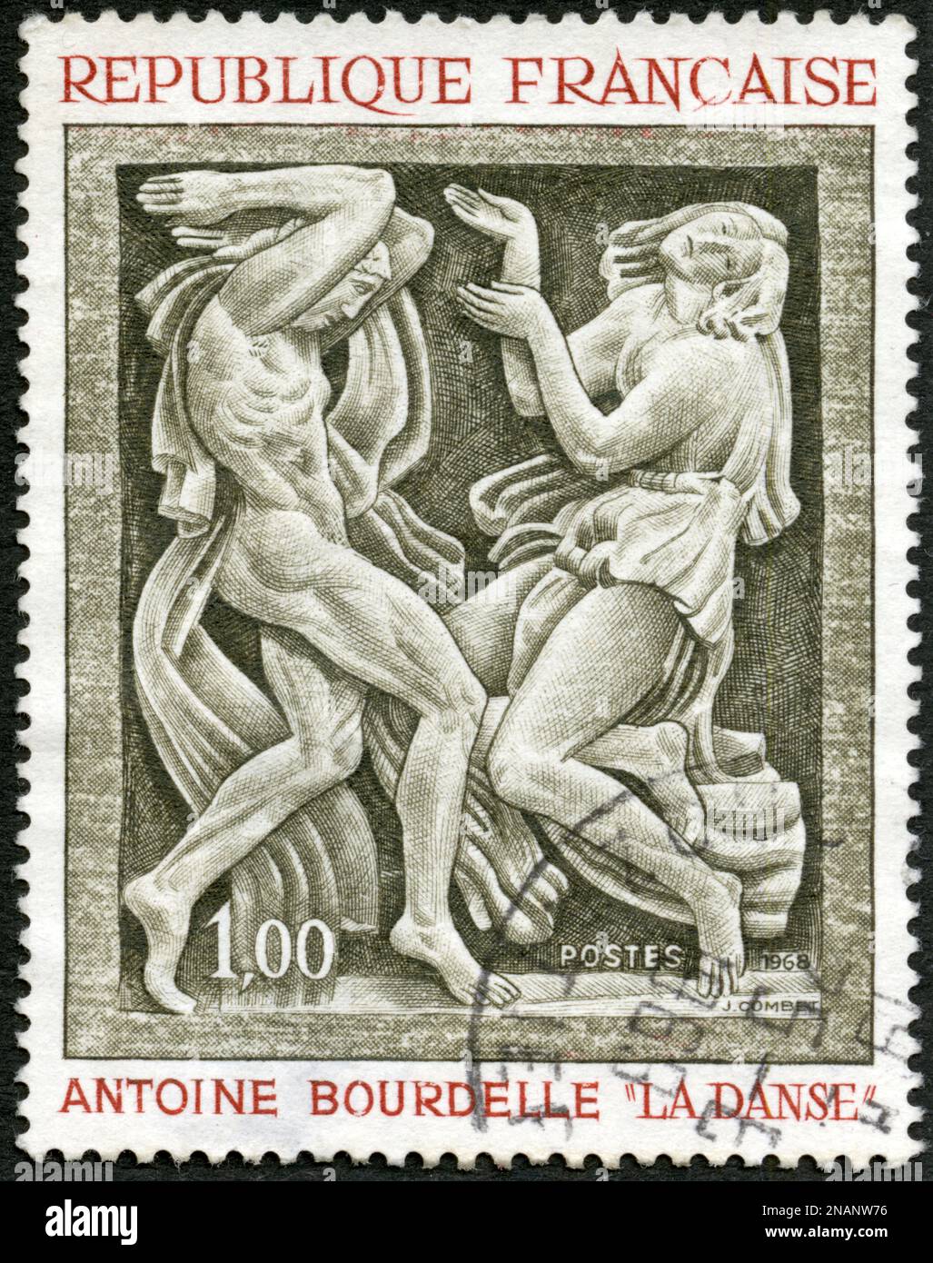 TIMBRE OBLITERES ANTOINE BOURDELLE. LA DANSE. RÉPUBLIQUE FRANCAISE. POSTES 1968. 1,00 Stockfoto