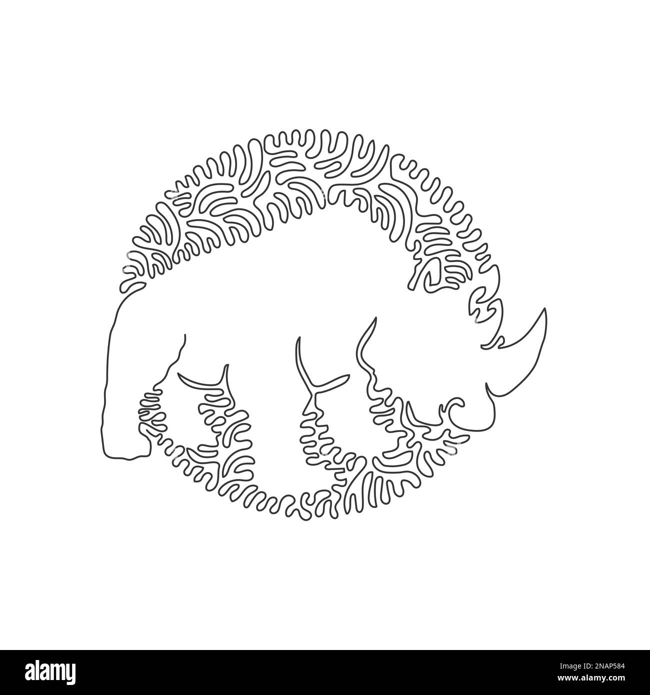 Eine einzelne, geschwungene Linienzeichnung exotischer Hörner Nashörner abstrakte Kunst. Durchgehende Linienzeichnung des Entwurfsvektors Darstellung des Nashorn-Körpers und des großen Kopfes Stock Vektor
