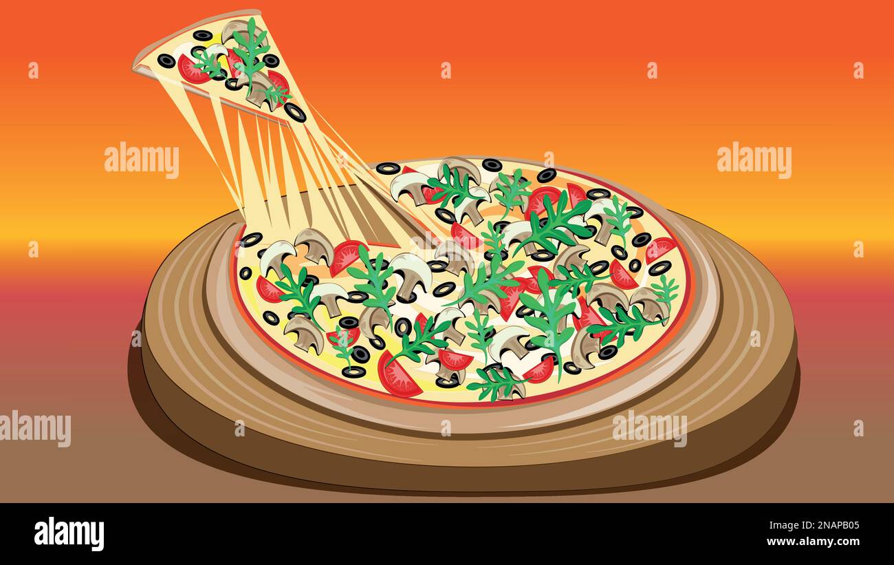 Pizza mit Käse, Pilzen, Tomaten, Oliven und Rucola. Eine leckere Pizza. Geschmackvoll und lecker Stock Vektor
