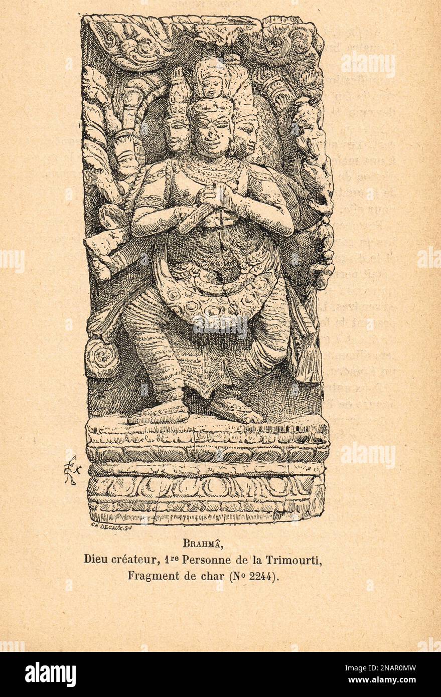 Brahma Hindu-gott, in Trimurti als „Schöpfer“ bezeichnet, verbunden mit Schöpfung, Wissen und den Vedas. Darstellung eines Streitwagen-Fragments aus dem 19. Jahrhundert, veröffentlicht 1894 Stockfoto