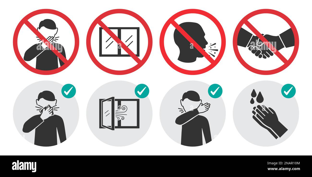 Präventive Maßnahmen Symbole für nicht krank zu werden und nicht Virus zu verbreiten. Eine Reihe von Verbotsschildern Stock Vektor