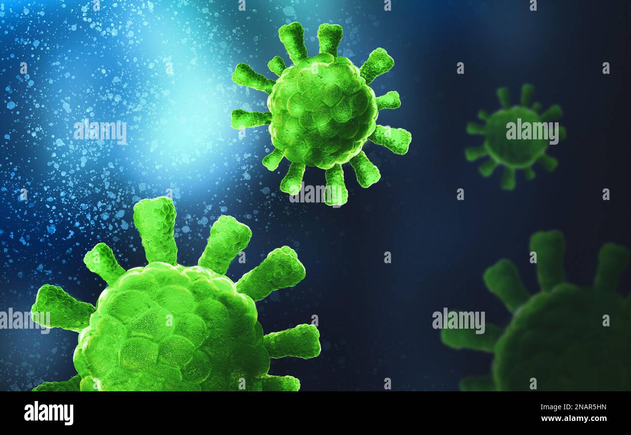 Gefährliches Virus unter dem Mikroskop, Illustration. Laborforschung Stockfoto