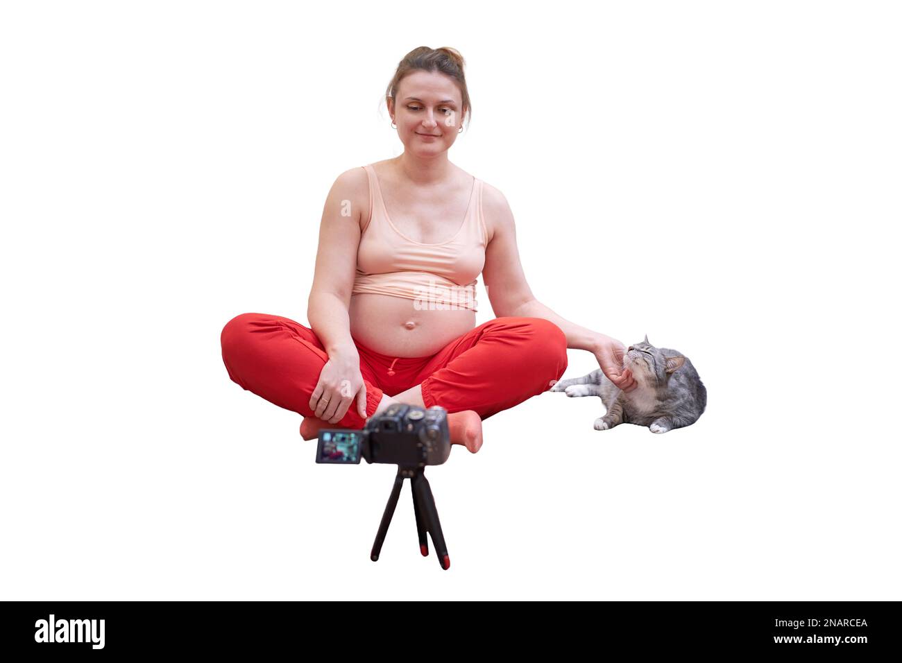 Eine schwangere Frau ist in Fitness verwickelt und führt online Kurse durch die Kamera, isoliert auf weißem Hintergrund Stockfoto