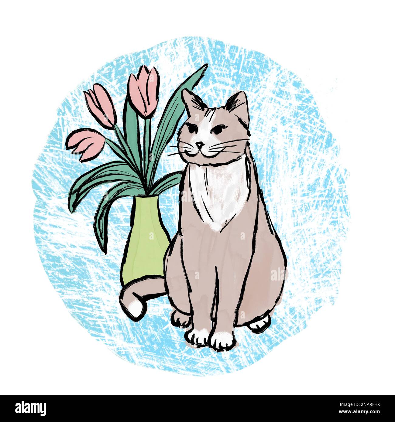 Handgezeichnete Andeutung mit Katze und Blumen Hauspflanze auf blauem, bunten Hintergrund. Heimtier Katze niedliches Design Posterkarte, trendige Kunst im lockeren gemalten Stil, Geschenk für Katzenliebhaber katzenmotiv Stockfoto