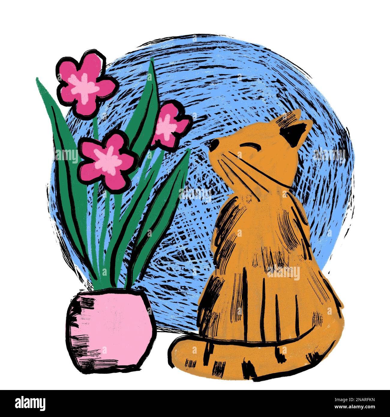 Handgezeichnete Andeutung mit Katze und Blumen Hauspflanze auf blauem, bunten Hintergrund. Heimtier Katze niedliches Design Posterkarte, trendige Kunst im lockeren gemalten Stil, Geschenk für Katzenliebhaber katzenmotiv Stockfoto