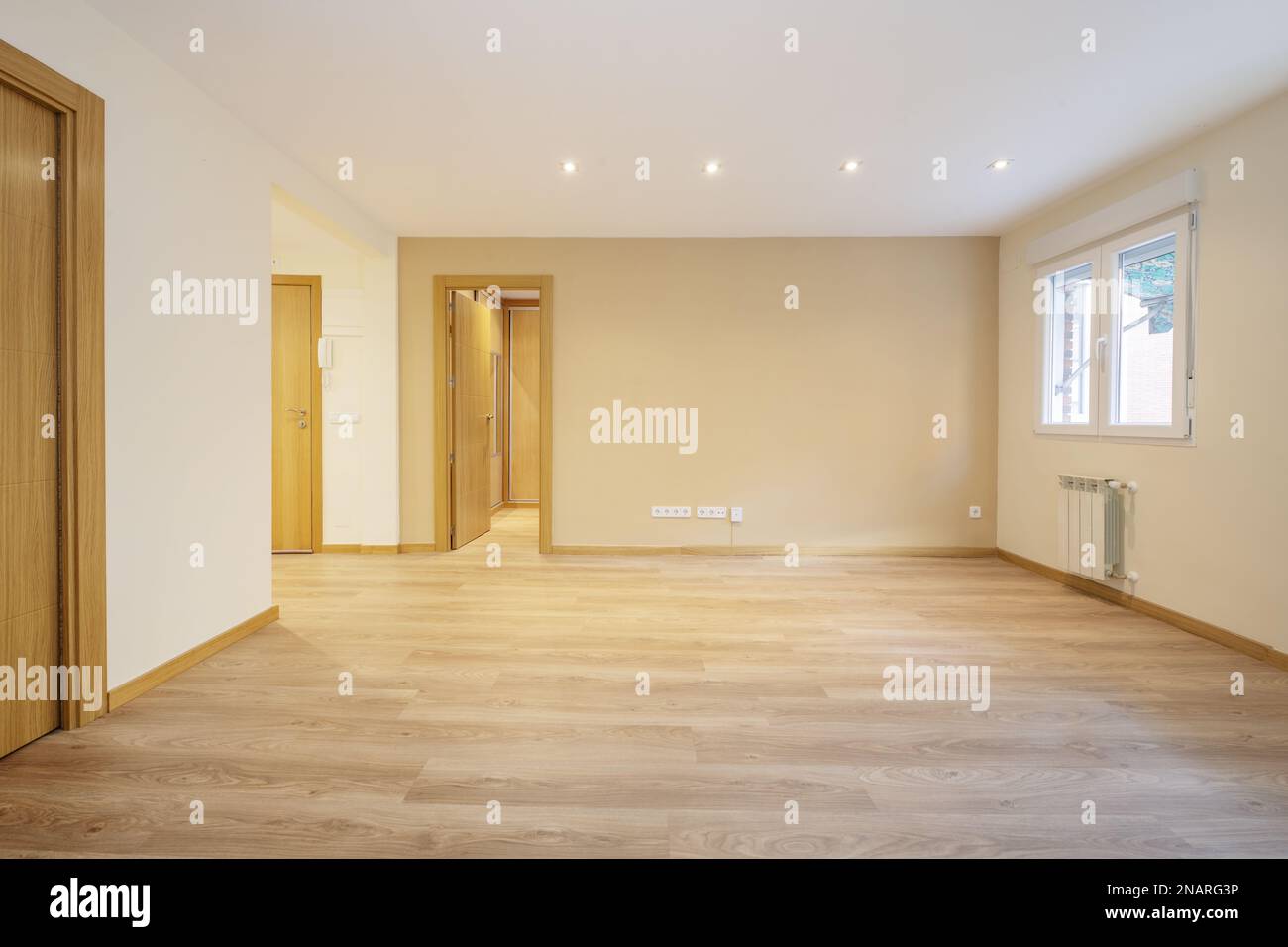 Leeres einstöckiges Wohnzimmer mit schwimmendem Eichenboden, Zugangstüren zu anderen Zimmern, integrierten Lampen in der Zwischendecke und weißem Aluminium Stockfoto