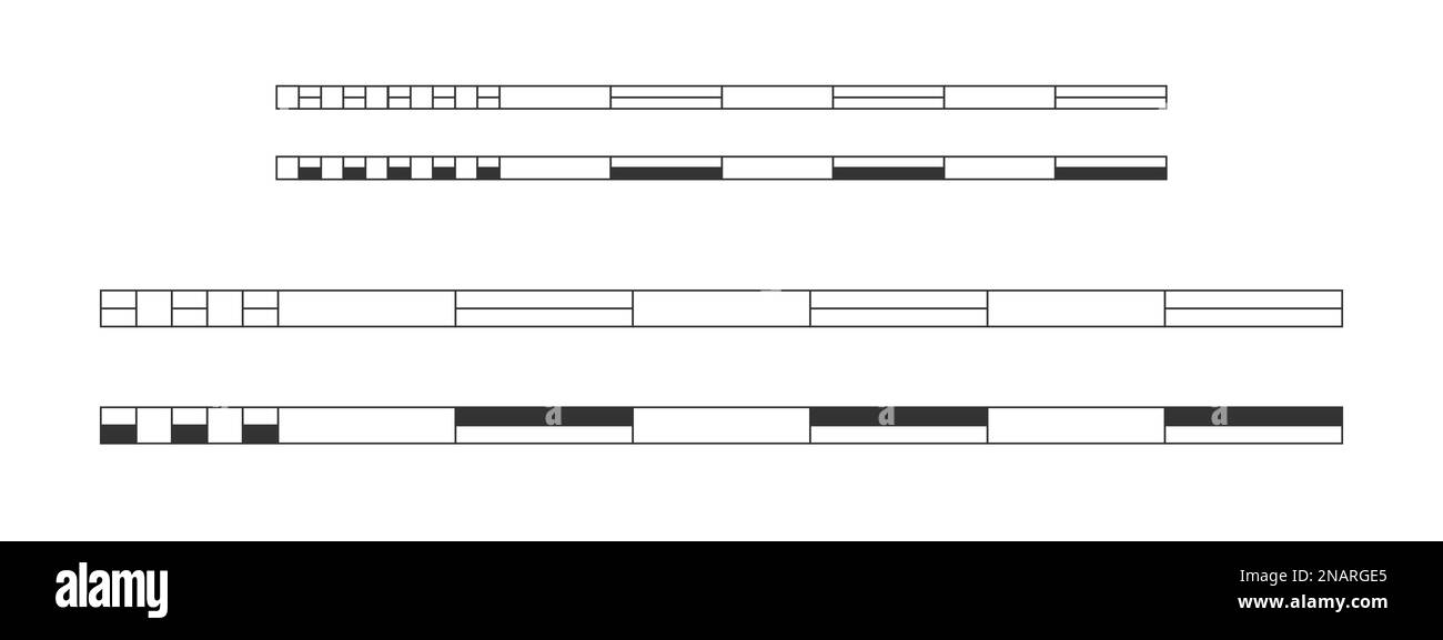 Lineal oder Maßstabsleiste zuordnen, unterteilt in Teile. Vorlagen für Entfernungsmessdiagramme. Kartographisches Element auf weißem Hintergrund isoliert Stock Vektor