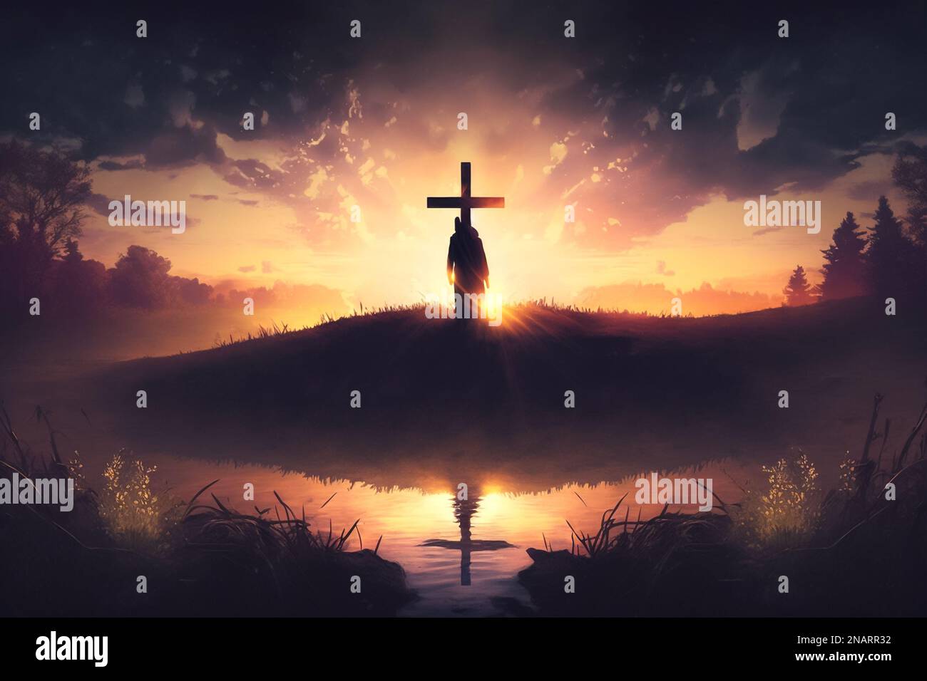 Jesus Christus hängt bei Sonnenuntergang am Kreuz Stockfoto