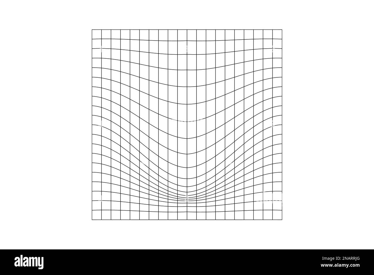 Verzerrtes quadratisches Gitter. Geometrischer Verformungseffekt. Struktur der Netzverformung. Konvexes futuristisches Netz. Schwerkraft-Phänomen. Gebogene Gitteroberfläche Stock Vektor