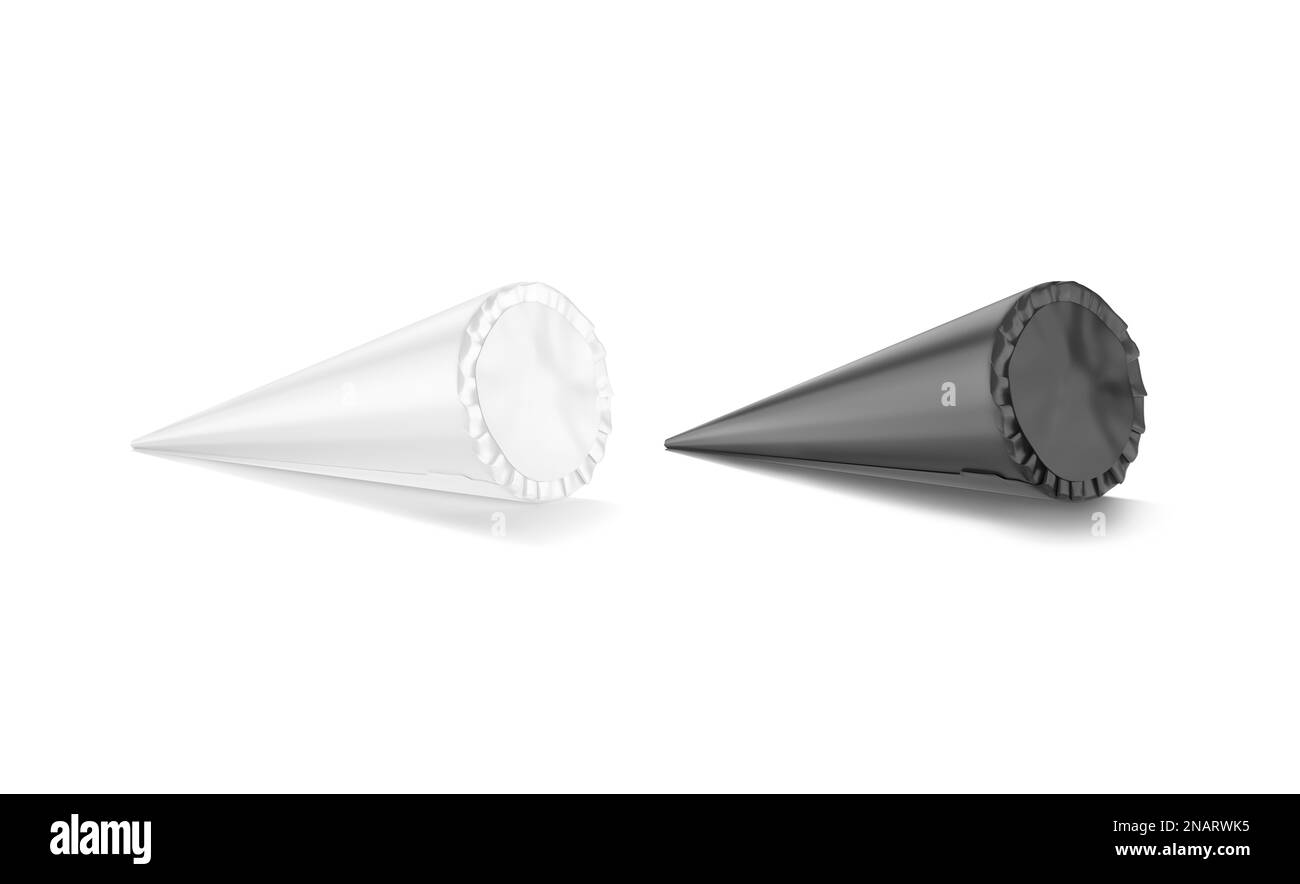 Schwarzweißes Eiskegelmodell, isoliert, 3D-Rendering. Leeres konisches, cremiges Sorbet in Einweg-Schürzenmodell, Seitenansicht. corni räumen Stockfoto