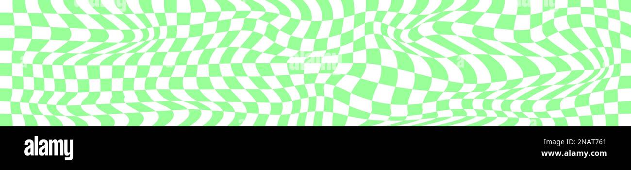 Psychedelisches Muster mit verformten grünen und weißen Quadraten. Verzerrter Schachbretthintergrund. Optische Täuschung mit Schachbrettmuster. Verrücktes geometrisches Design. Abgefahren Stock Vektor