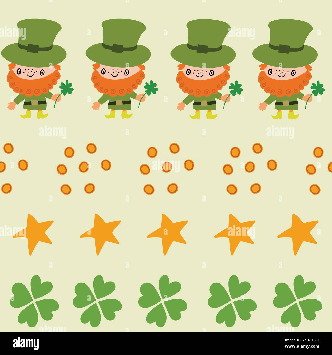 Gestreifte St. Patrick's Day nahtloses Muster. Handgezeichnete Illustration mit Leprechauns, Klee, Sternen und Münzen. Stock Vektor