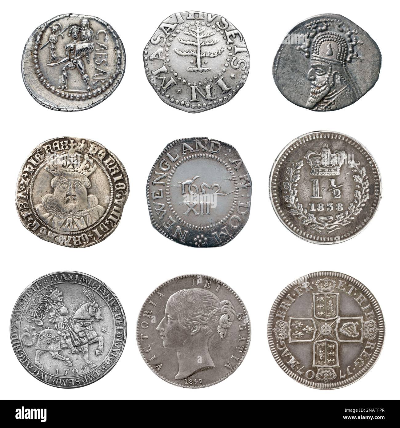 Alte alte Silbermünzensammlung aus verschiedenen Ländern und isolierten Zeitperioden Stockfoto