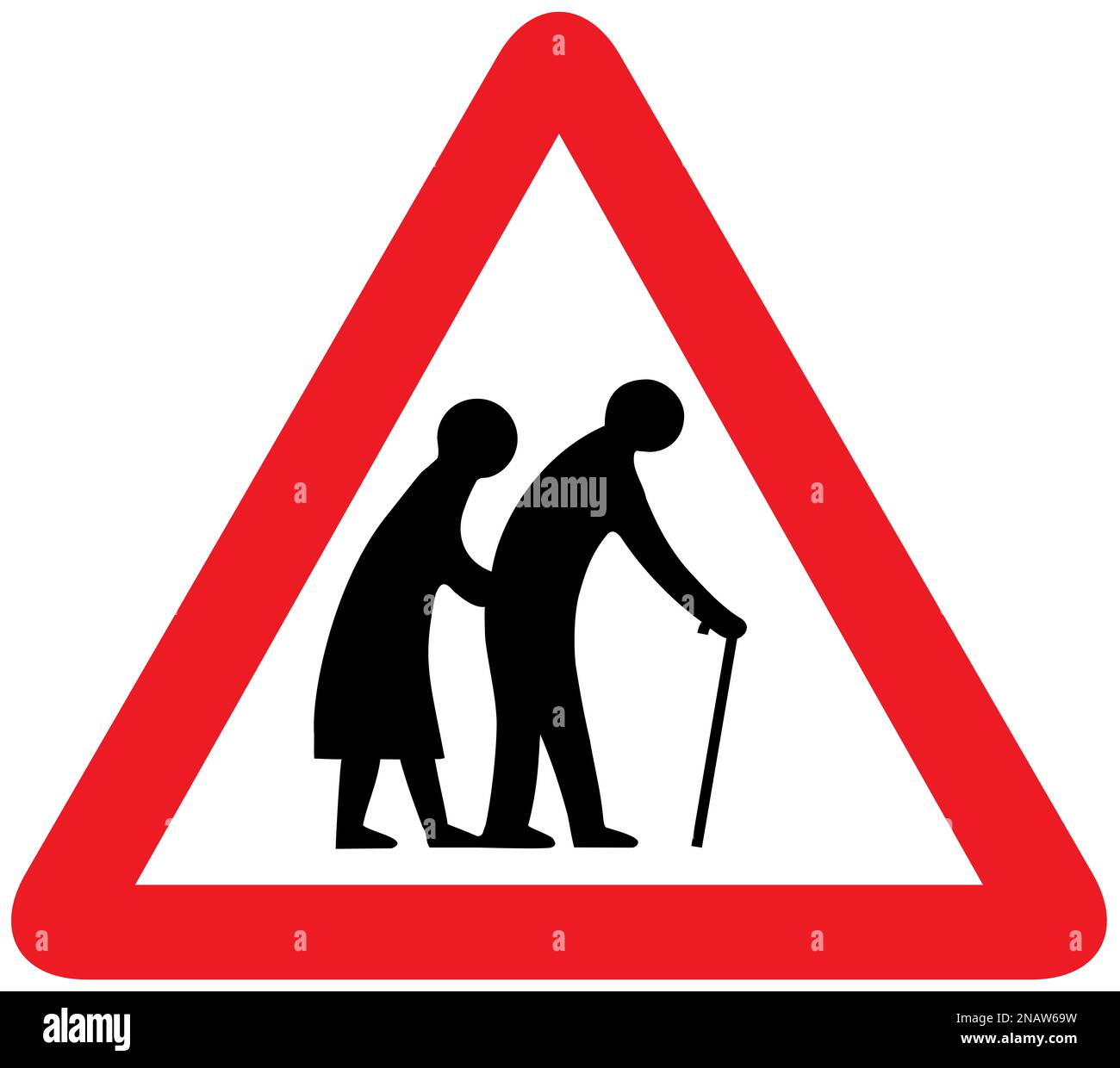 Alte Leute überqueren britisches Straßenschild Stockfoto