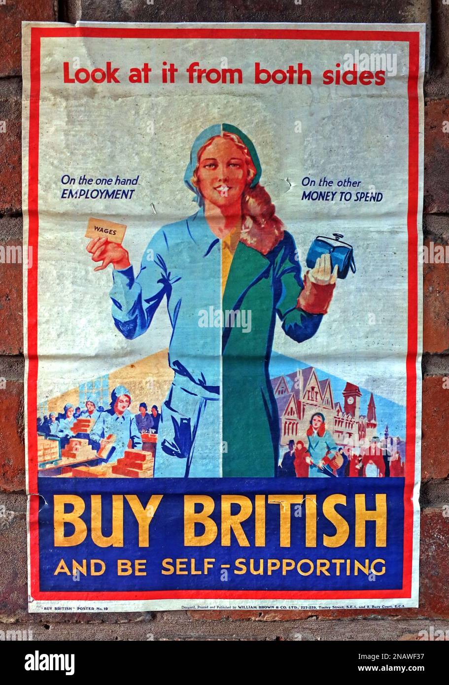 Poster - Britisches Geld kaufen und selbsttragend sein, es von beiden Seiten betrachten, Beschäftigung, Geld ausgeben Stockfoto