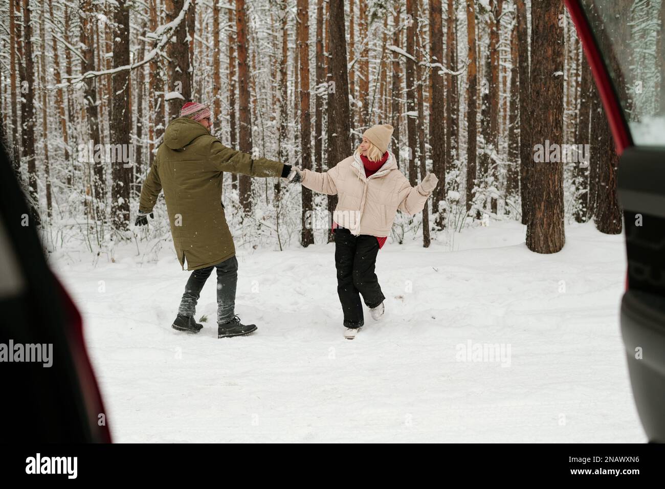 Glückliches Seniorenpaar in Winterbekleidung, das Spaß hat und im Pinetree Forest tanzt, während es das Wochenende vor seinem Auto mit offener Tür genießt Stockfoto
