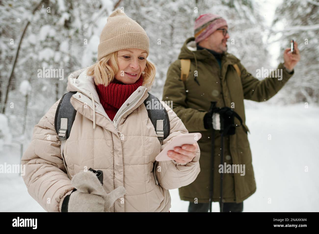 Zwei reife Rucksacktouristen, die ihr Smartphone während des Winterurlaubs am Wochenende benutzen, während sie im schneebedeckten Pinetree-Wald stehen Stockfoto