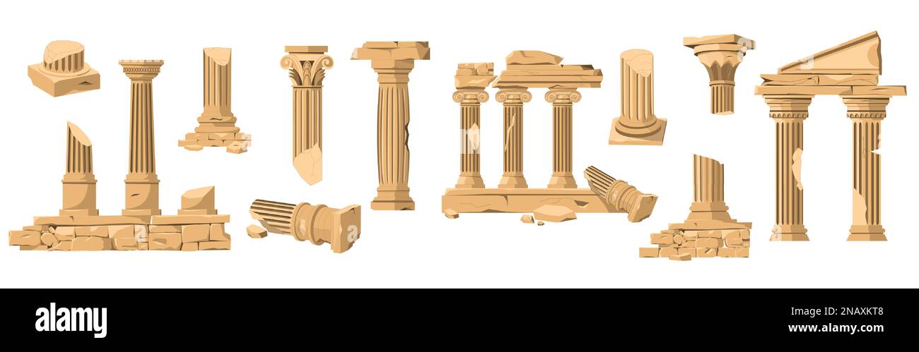 Alte Ruinen. Klassische Steinsäulen aus Cartoon, Säulen aus antiker Architektur, Äußere Elemente des alten römischen Tempels. Vektorsammlung Stock Vektor