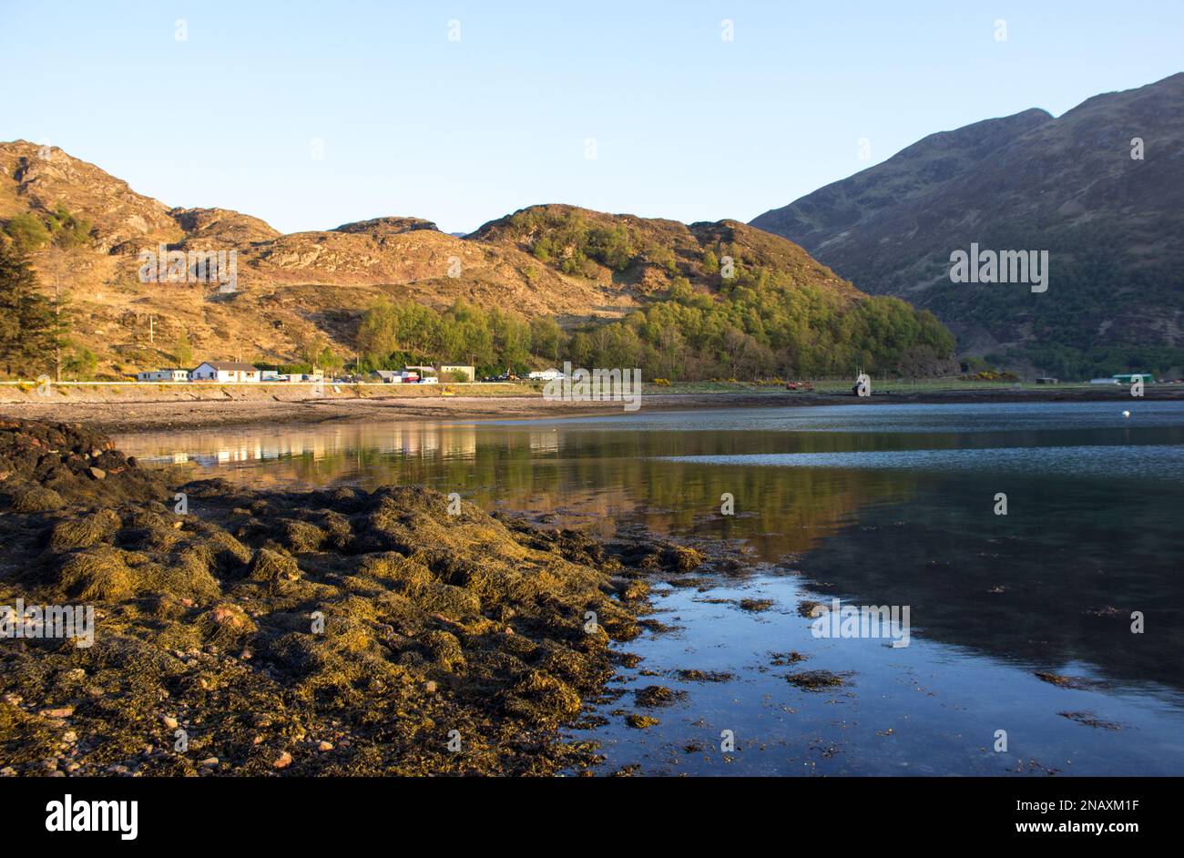 Blick über das ruhige Wasser von Loch Duich, Schottland, mit dem kleinen Dorf Invershiel im Hintergrund Stockfoto