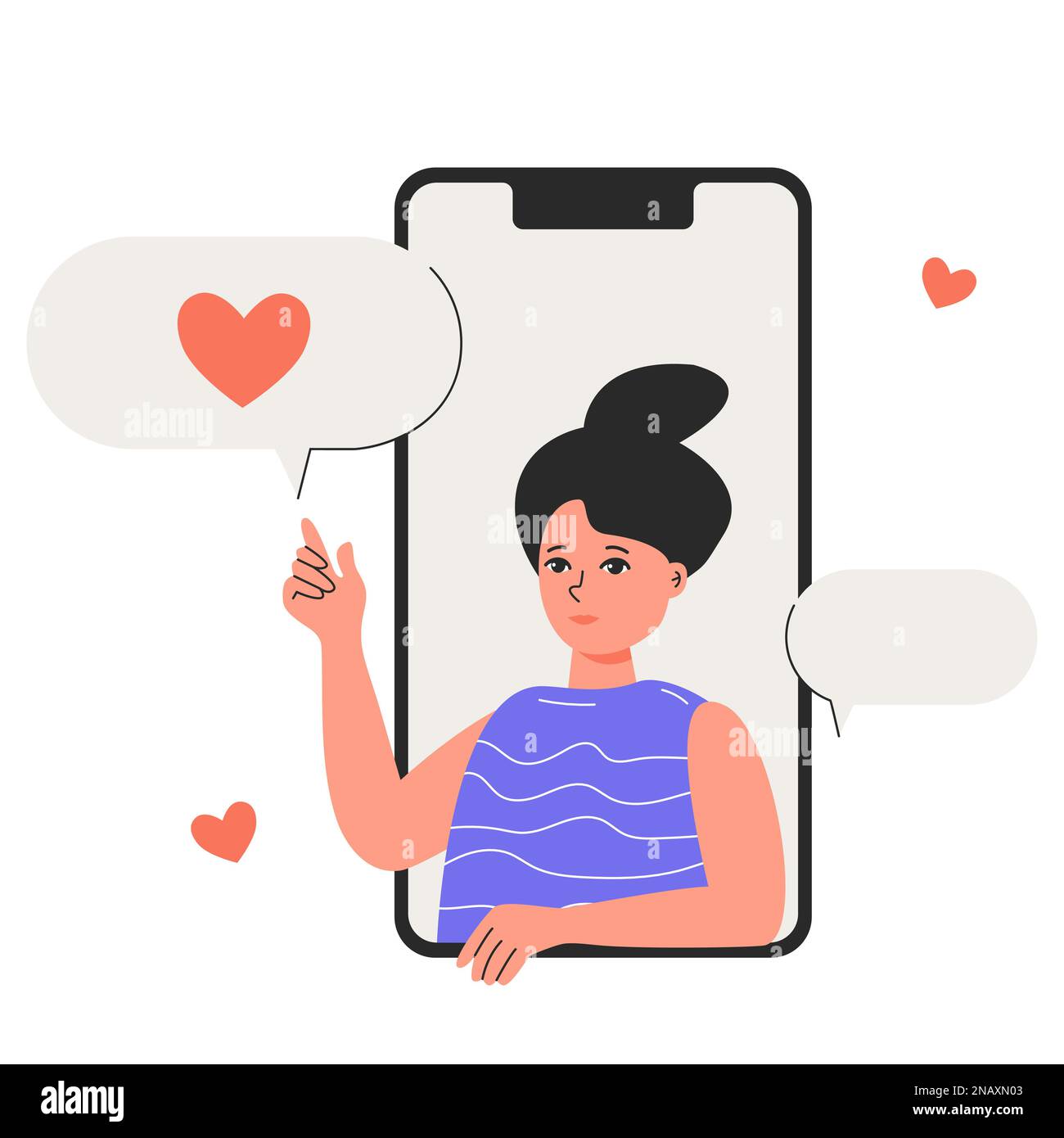 Eine süße Frau zeigt eine Sprechblase mit Herz auf dem Telefonbildschirm. Positives Feedback des Kunden oder Chatten über die Dialoganwendung. Prüfen Sie das Kommunikationskonzept für die Bewertung von Werbungen. Vektordarstellung. Stock Vektor