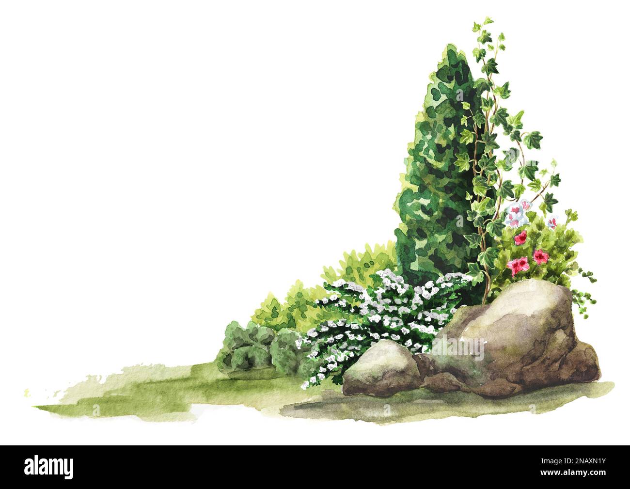 Blumenbeet im Garten, Landschaftsdesign. Handgezeichnete Aquarelldarstellung isoliert auf weißem Hintergrund Stockfoto