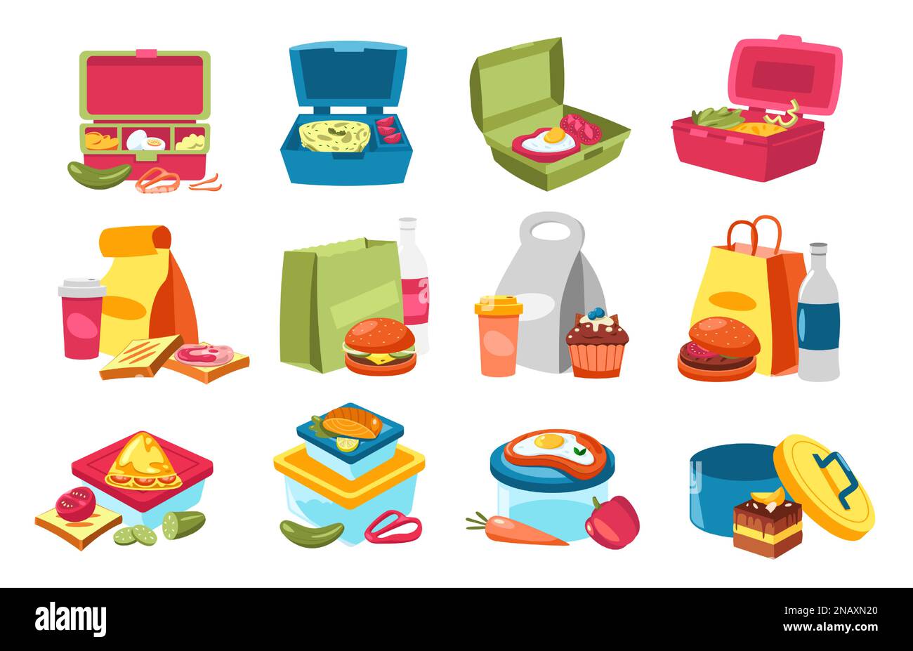 Lunchbox-Essen. Behälter mit hausgemachtem Snack, Gemüse und Obst im Cartoon-Stil, farbenfrohe gesunde Mahlzeit Null Abfall Konzept. Flache Vektorsammlung Stock Vektor