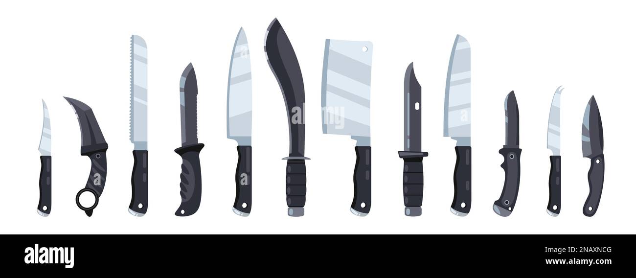 Messersammlung. Scharfe Klinge Kochwerkzeug für die Küche, klappbares Kampfmesser, Küchengeschirr zum Schneiden von rostfreiem Cartoon. Vektor Stock Vektor