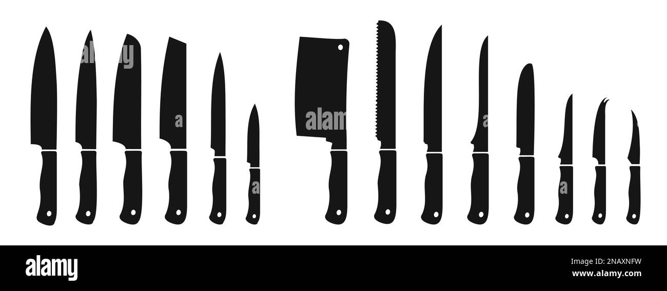 Schwarze Messer eingestellt. Verschiedene Messertypen, rostfreie scharfe Messer zum Kochen, Schwarzweißbesteck Einfache Silhouetten. Vektor flach Stock Vektor