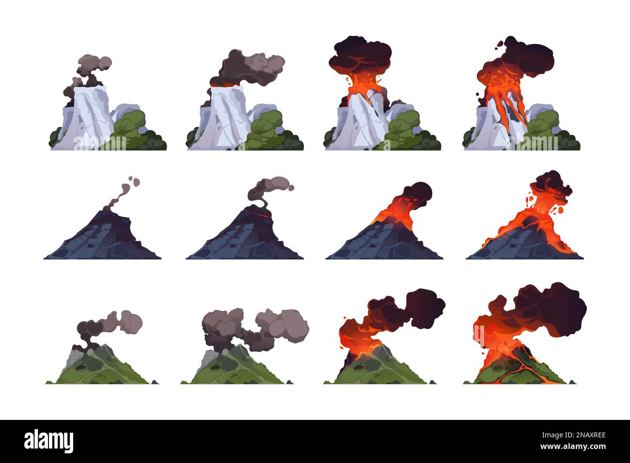 Vulkanausbruch. Cartoon vulkanischer Berg mit verschiedenen Explosionsstadien, Strömungsmagma, Feuer und Rauch, Krater mit Lava, Asche und Gasen. Vektor Stock Vektor