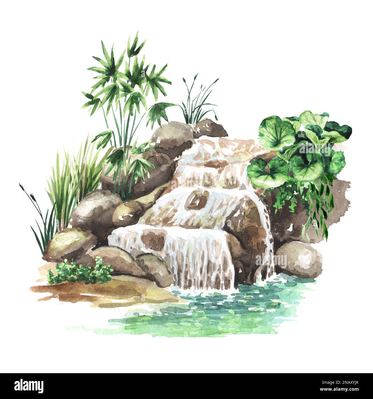 Wasserfall im Garten. Landschaftsdesign, handgezeichnete Aquarellzeichnung isoliert auf weißem Hintergrund Stockfoto
