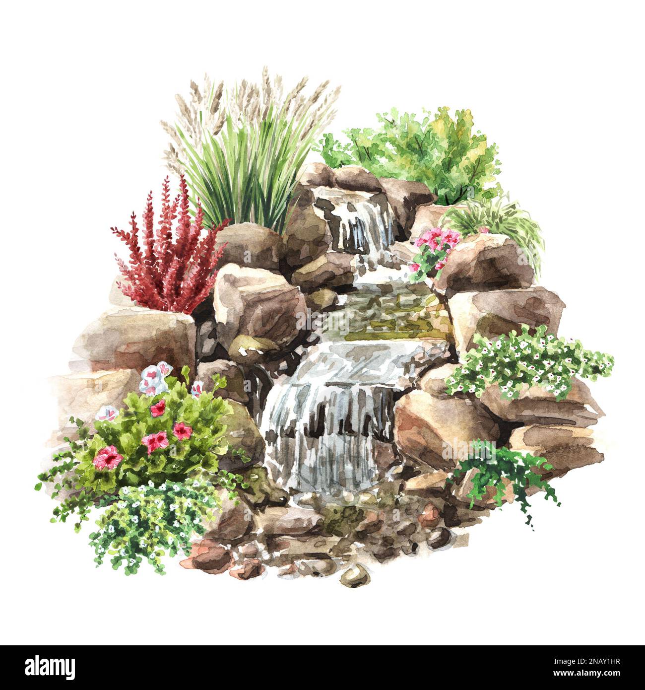 Wasserfall im Garten. Landschaftsdesign. Handgezeichnete Aquarelldarstellung isoliert auf weißem Hintergrund Stockfoto