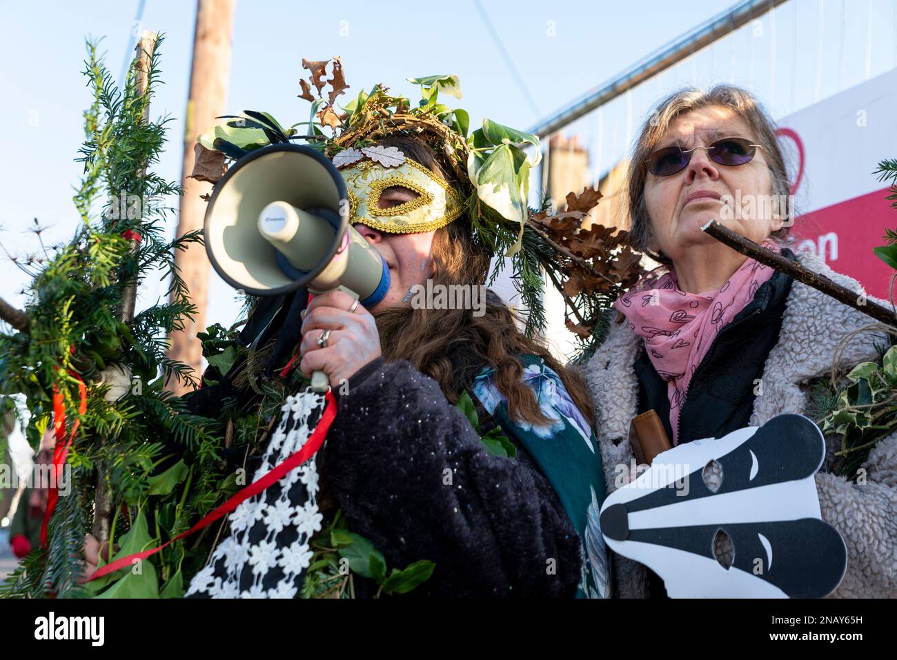 Weibliche Demonstranten sahen, wie holt Farm Oak Tree nach ausgedehnten Protesten abgeschnitten wurde. Rochford, Essex, Großbritannien. Frauen protestieren Stockfoto